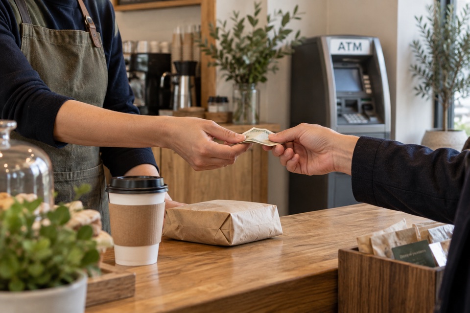 Illustration of a customer paying with cash at a cafe counter, with an ATM in the background