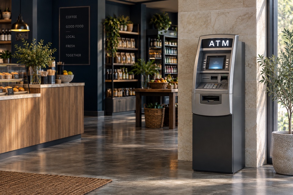 Illustration of a retail ATM standing beside a sunlit cafe entrance