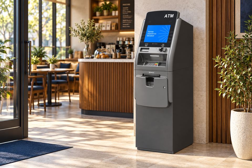 Illustration of a Hyosung FORCE ATM near the entrance of a cafe