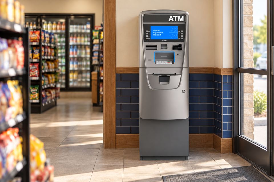 Illustration of a Hyosung HALO II ATM in a convenience store