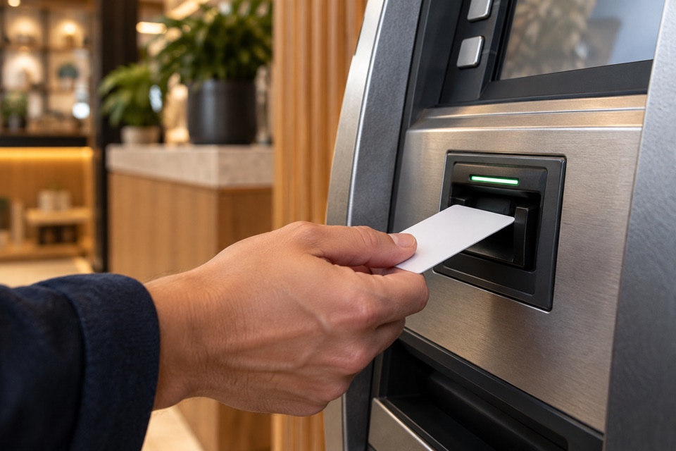 Illustration of a hand inserting a bank card into an ATM card reader