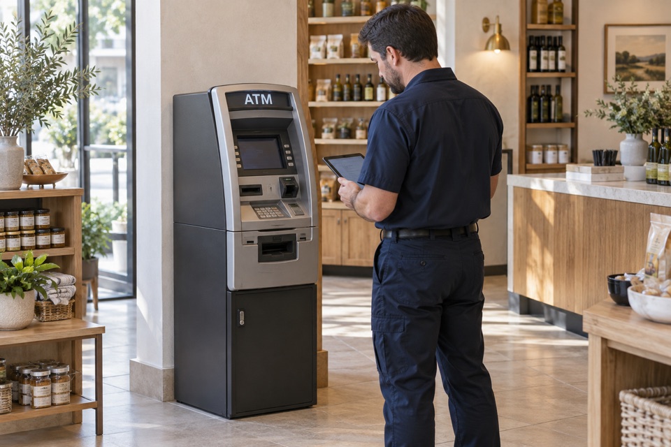 Illustration of a technician checking a retail ATM with a tablet